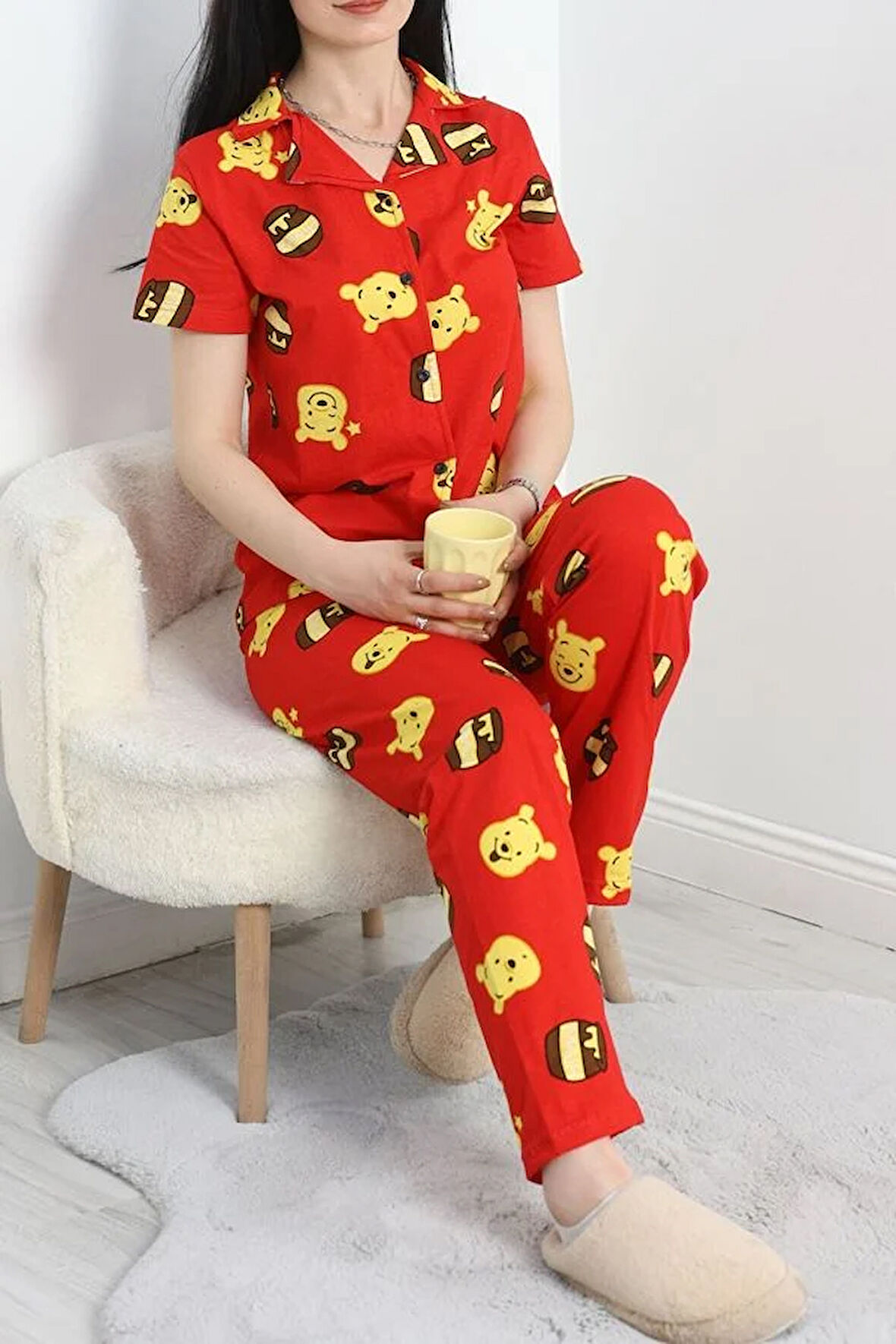 SeKa Viskon Düğmeli Pijama Takımı Balkırmızı - 980.1287.