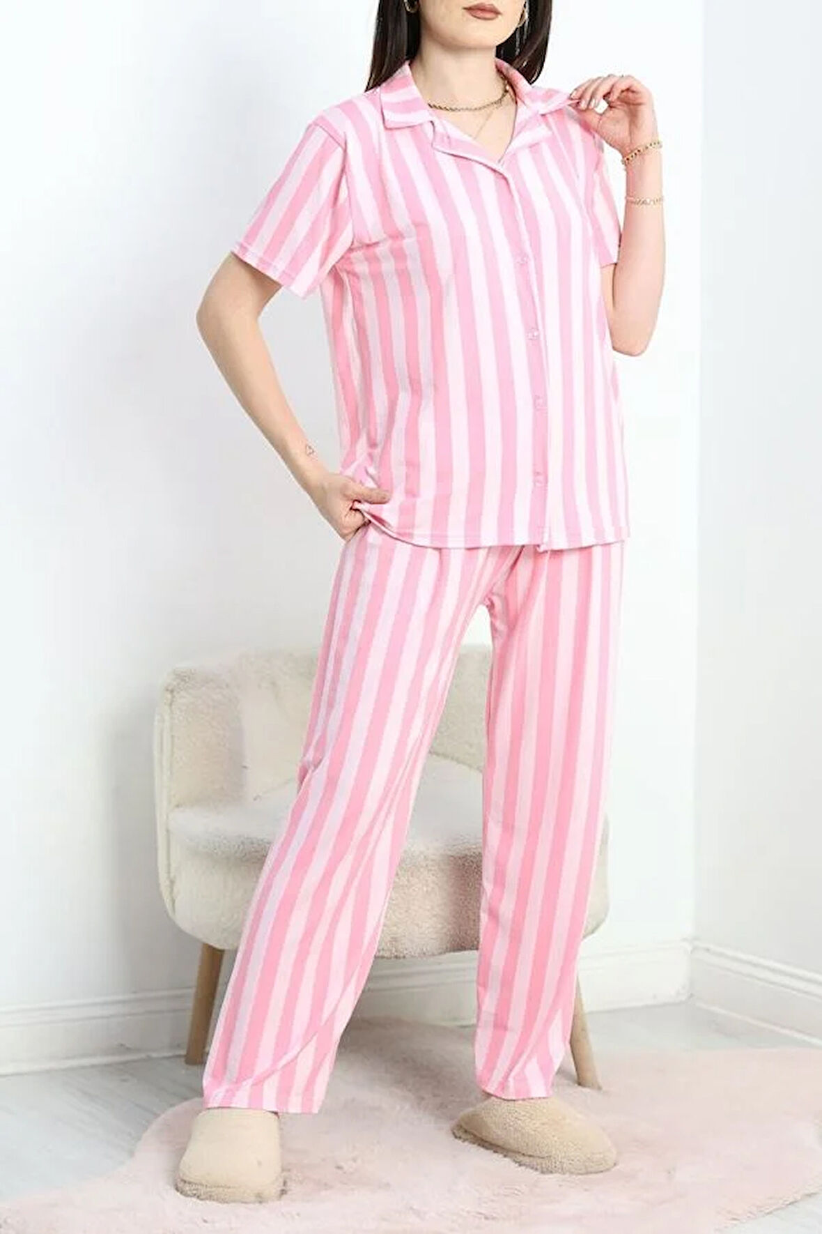 SeKa Milan Kumaş Düğmeli Pijama Takımı Pembeçizgili1 - 750.1287.