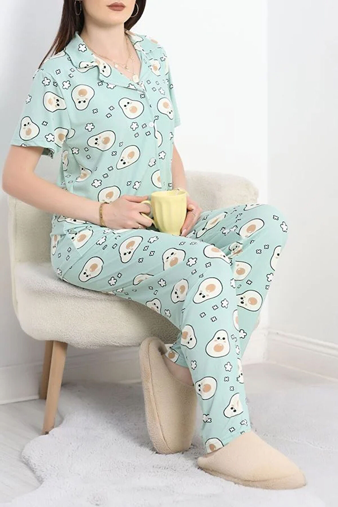 SeKa Milan Kumaş Düğmeli Pijama Takımı Mint1 - 750.1287.