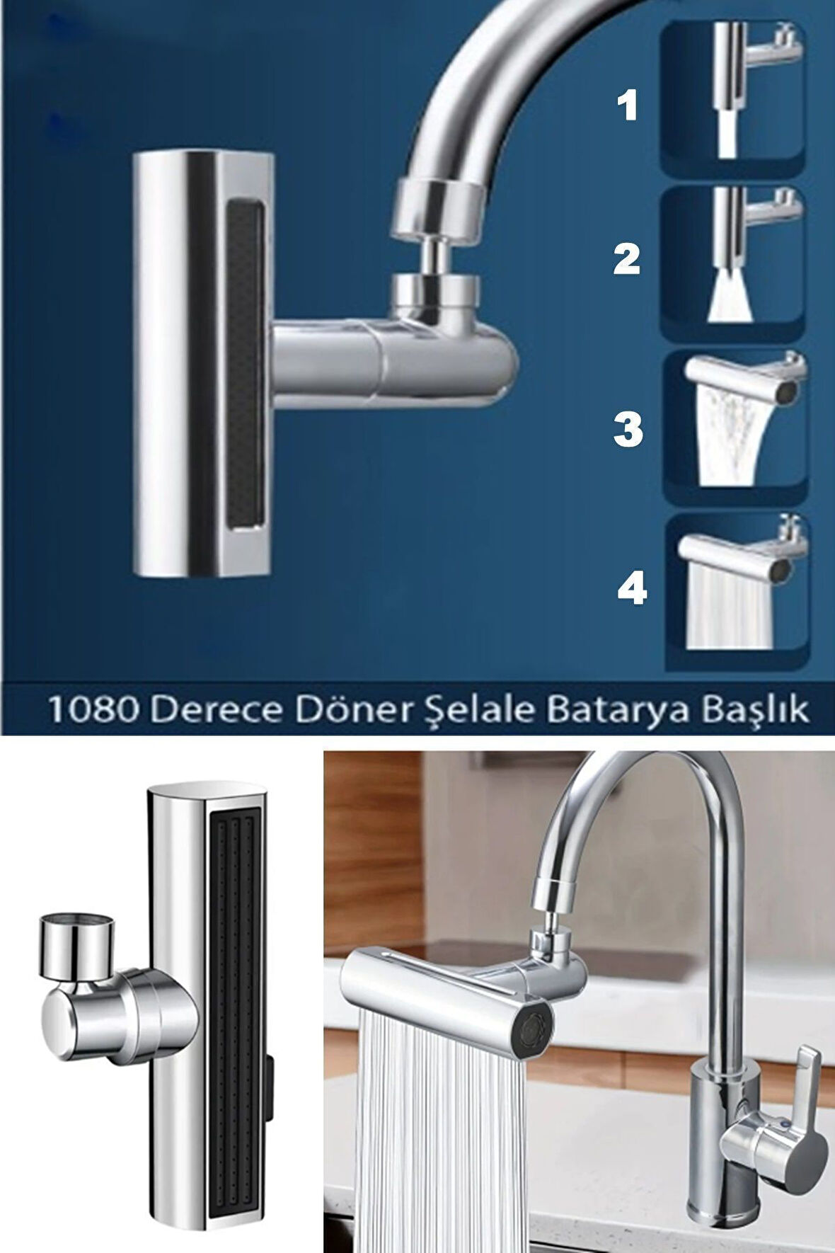 Krom Tasarruflu 4 Modlu Şelale Ayarlanabilir Musluk Başlığı Mutfak Eviye Bataryası Lavabo Bataryası