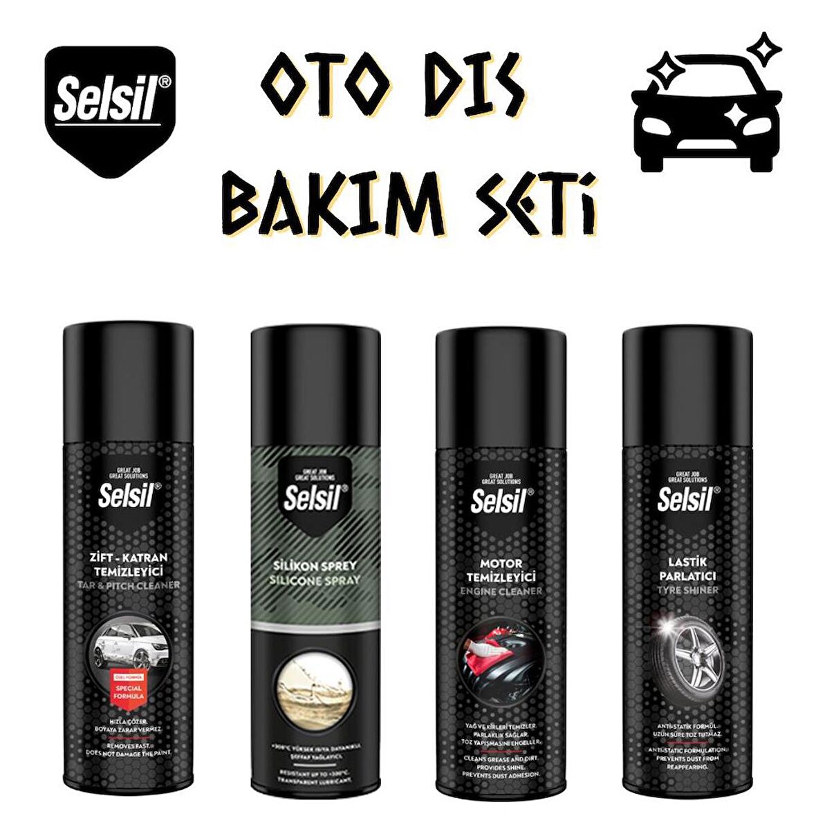 Selsil Oto Dış Bakım Seti 4 Parça (Zift Katran-Lastik-Motor-Silikon Spreyi)