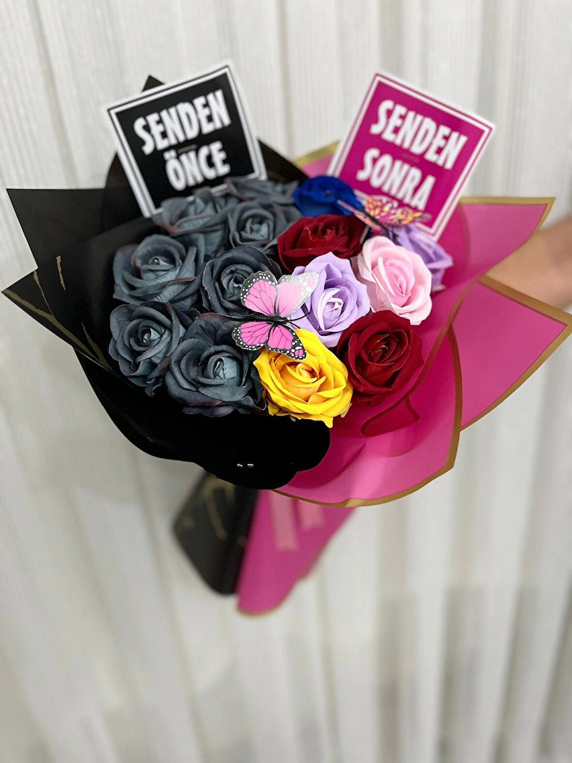 Senden Önce Senden Sonra Gül Buketi Çiçek A Kalite Kelebek Buket
