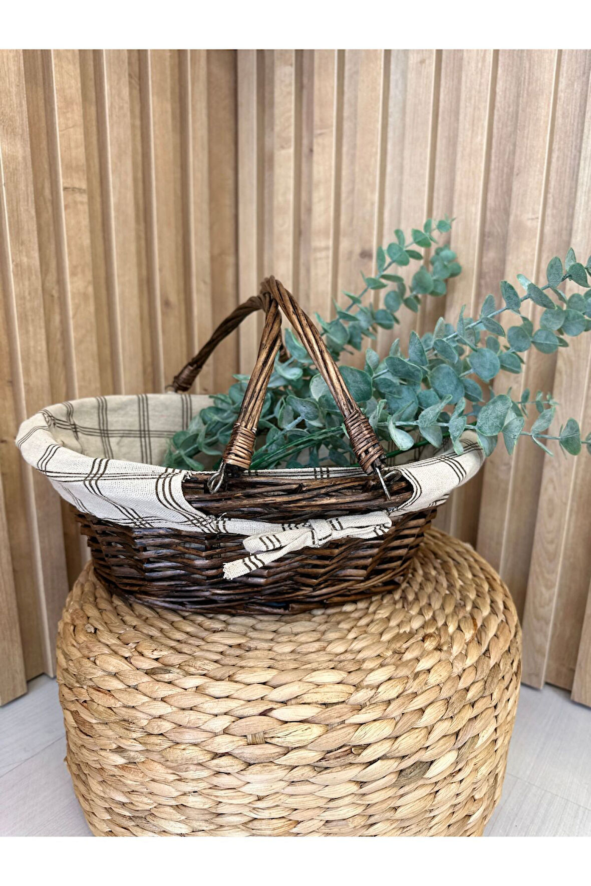 Rattan Kulplu Kahverengi Sepet