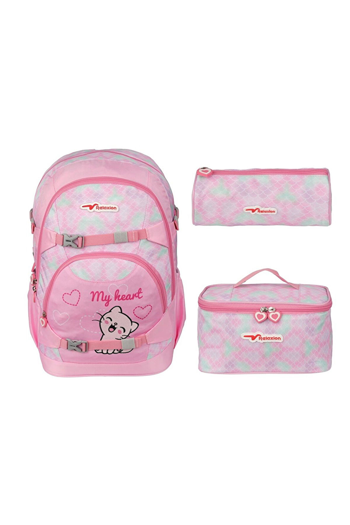 Relaxion Çok Cepli Geniş Hacimli Kalın Tabanlıklı Sırt Çantası Beslenme Çantası Kalemlik 3 lü Set