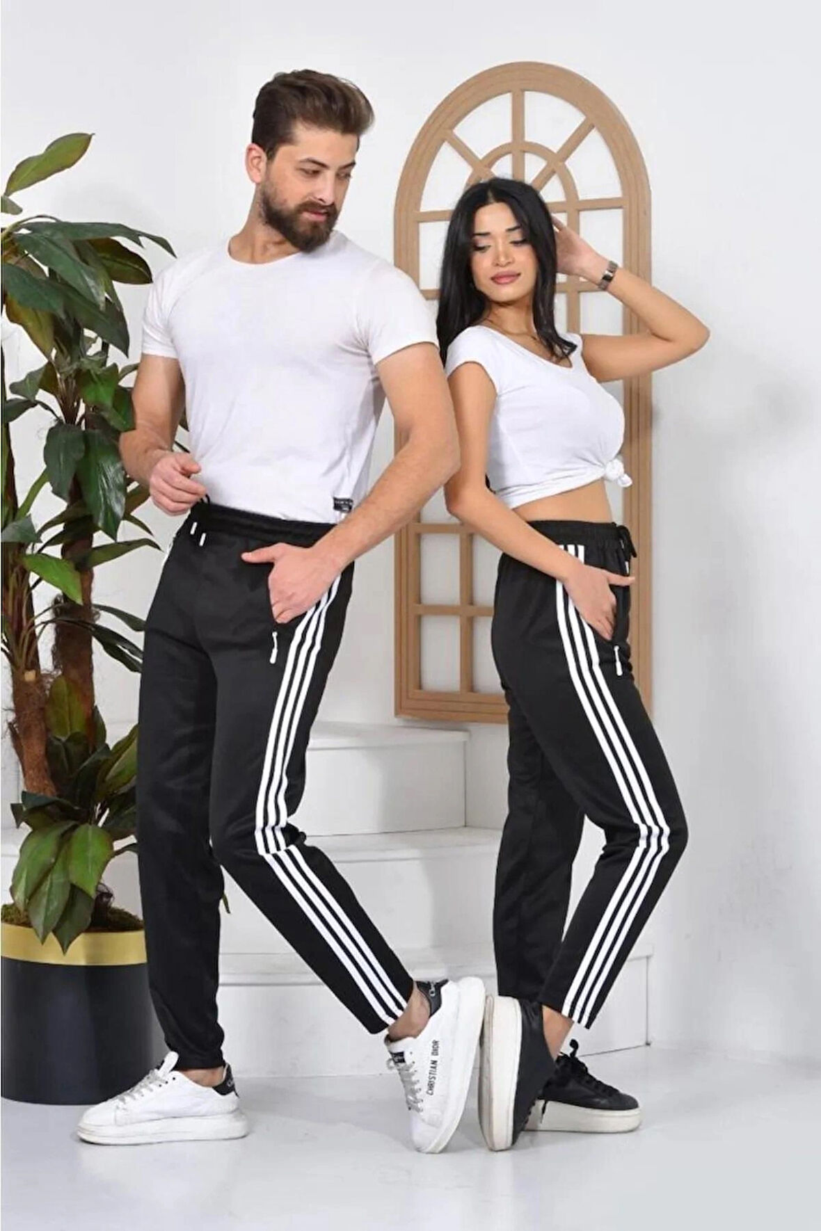 Maki Home 3 Şeritli Scuba Kumaş Kadın Erkek Unisex Siyah Eşofman Altı Beyaz Çizgili