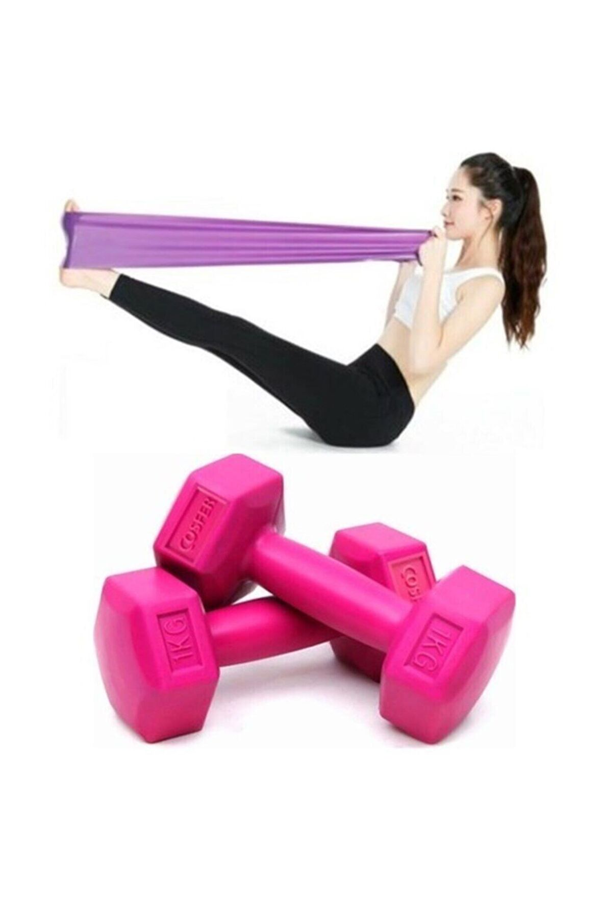 1 Kg X 2 Fuşya Dambıl Orta Drenç Pilates Bandı Lastiği