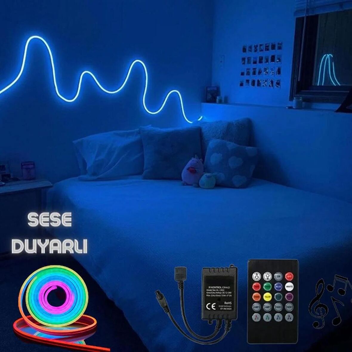 Neon Rgb Led - Sese Müziğe Duyarlı Kumandalı -çok Renkli - 5 Metre -