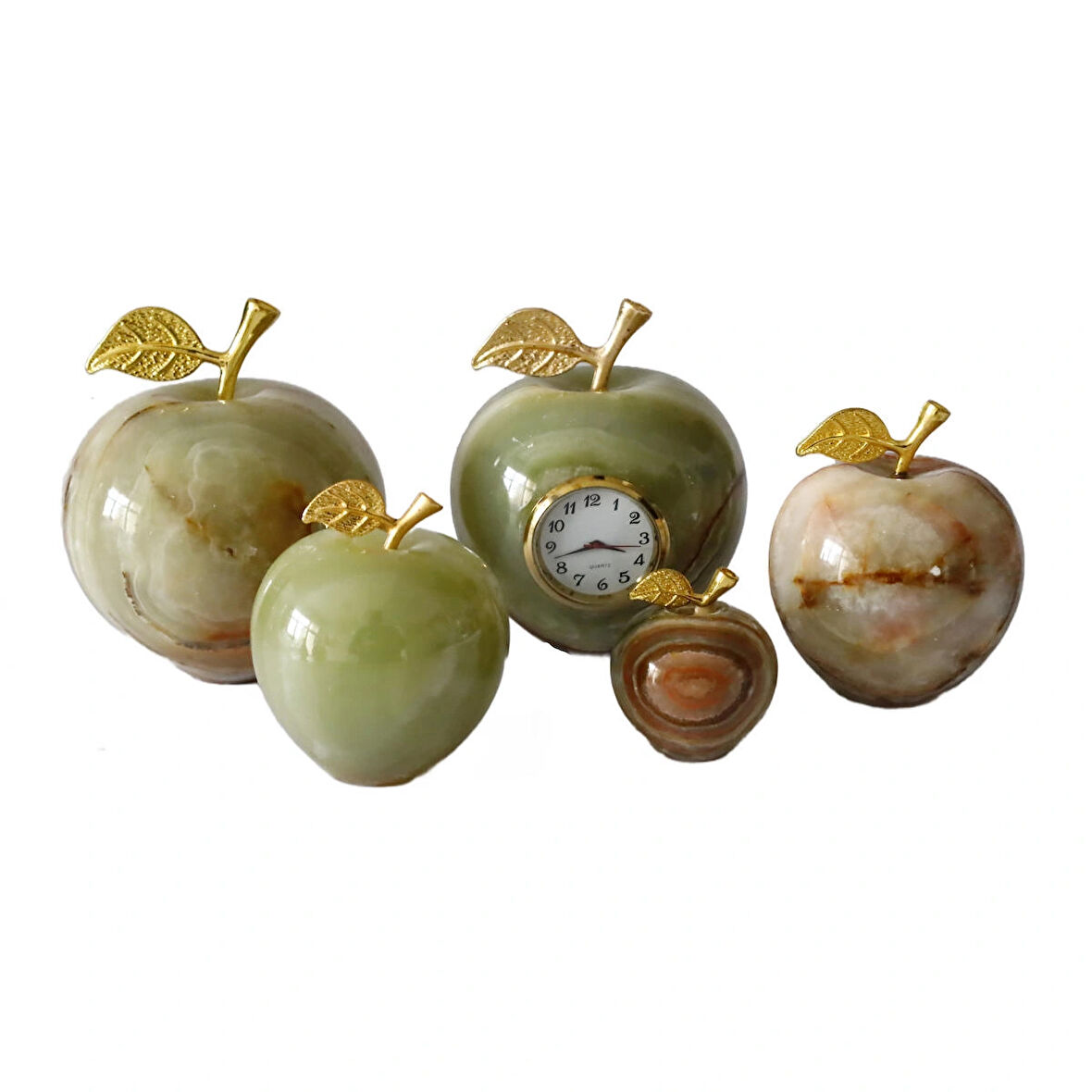 Onyx Doğal Taş Elma Şeklinde Dekoratif Saat ve Süs Seti, 5 Parça, Altın Yapraklı
