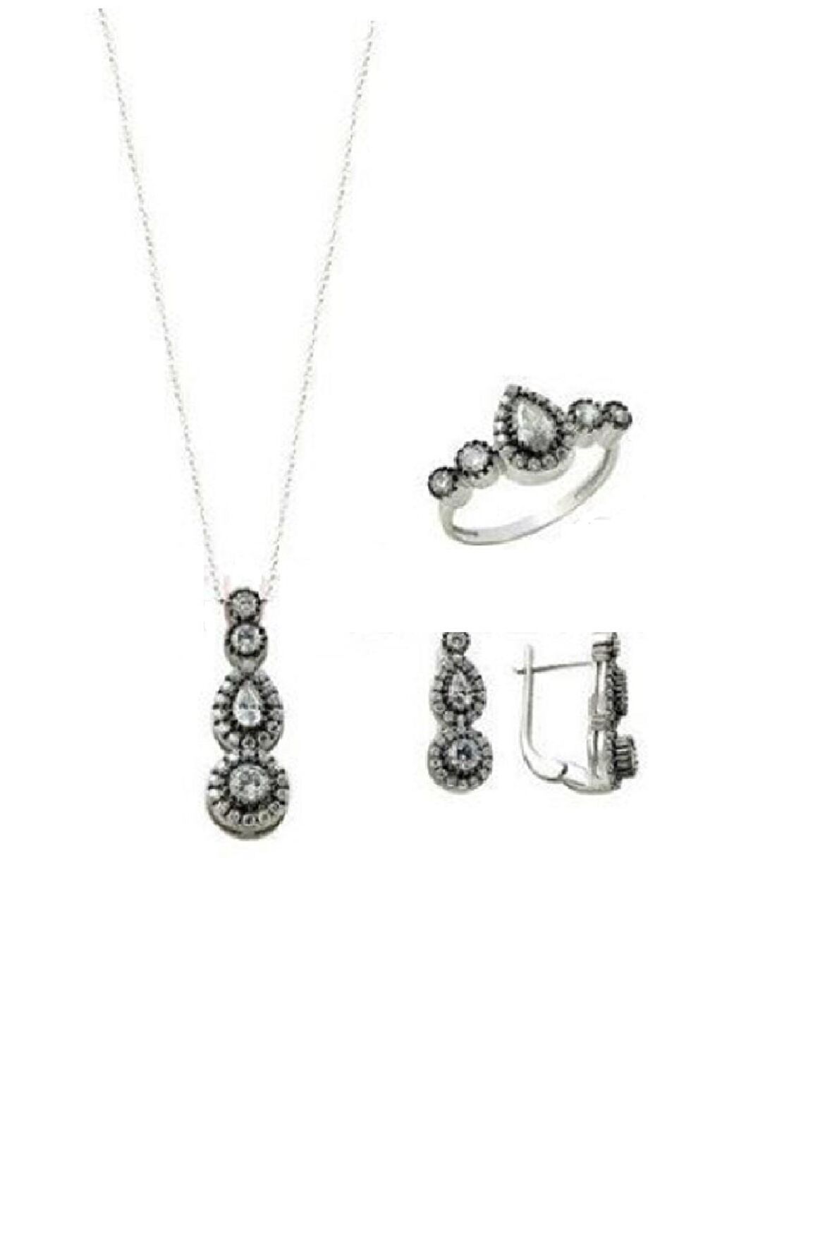 rodyumlu zirkon taşlı elmas montürlü tria damla modeli üçlü set