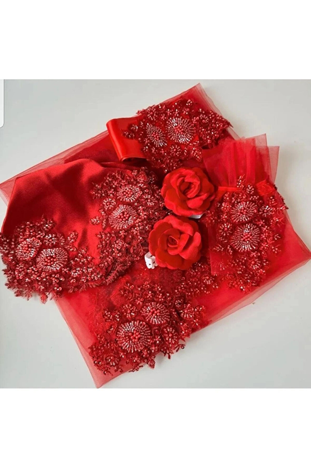 Gelin Duvağı Lüks Vip Duvak 5 Parça Set Duvak Takım Lüx Duvak Kına Malzemeleri Kırmızı