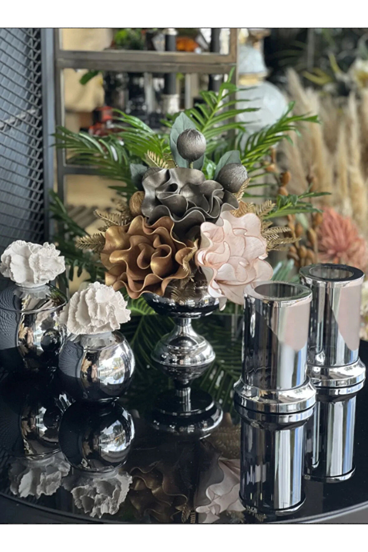 Yapay Çiçekli 5 Parça Set Gümüş