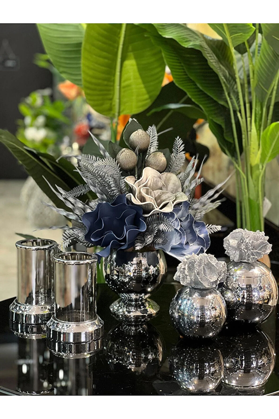 Yapay Çiçekli 5 Parça Set Gümüş No:12