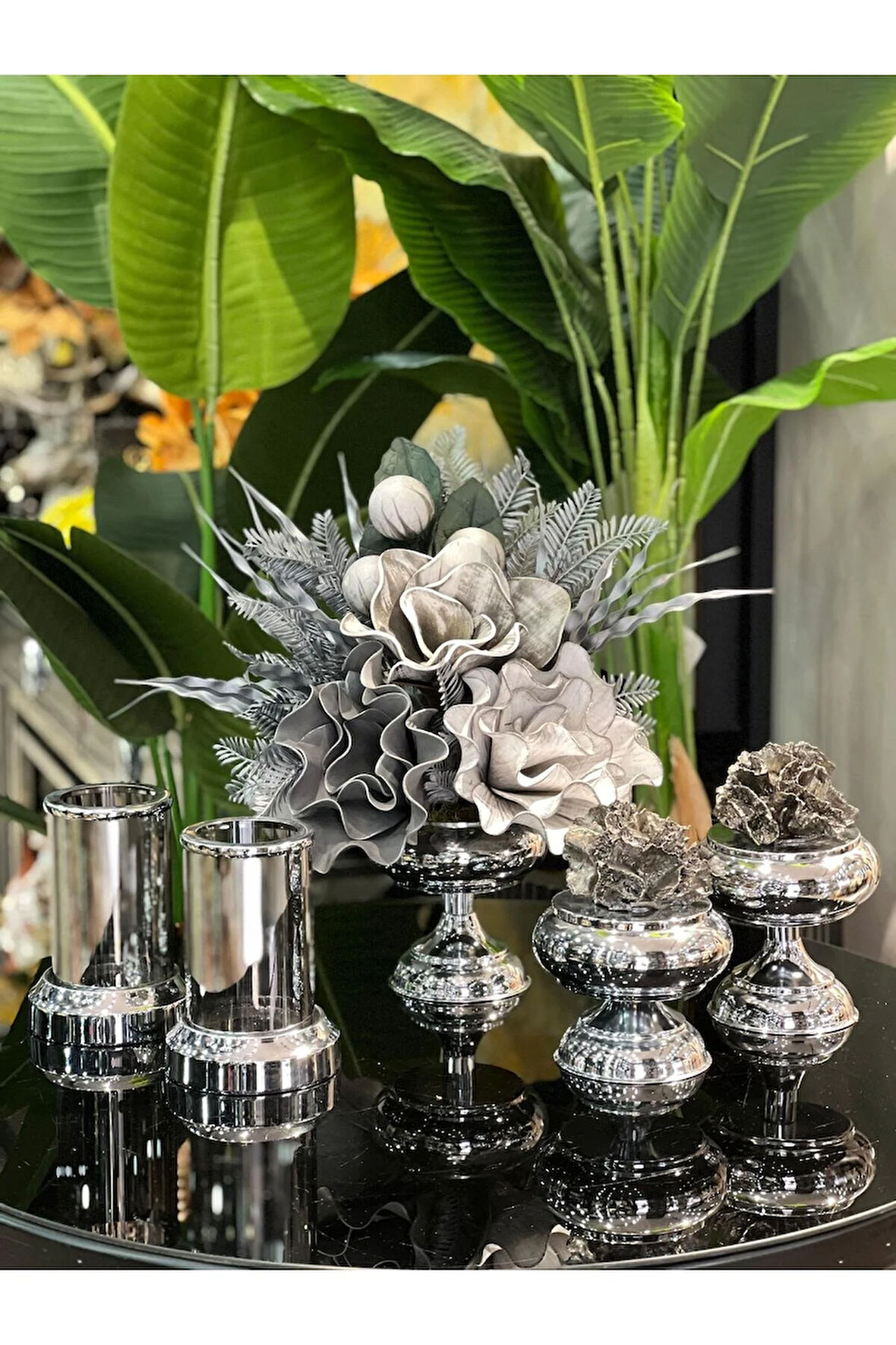 Yapay Çiçekli 5 Parça Set Gümüş No:14