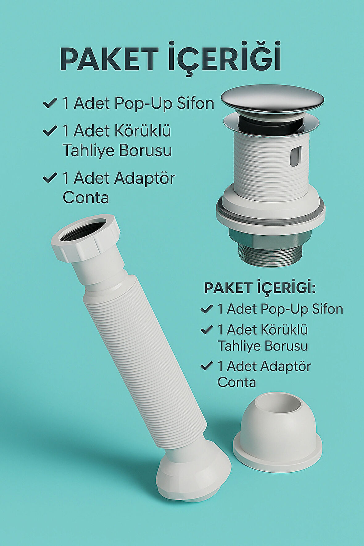 Pop-Up Lavabo Sifon Seti – Taşmalı Uyumlu, Körüklü Tahliye ve Adaptör Conta Dahil