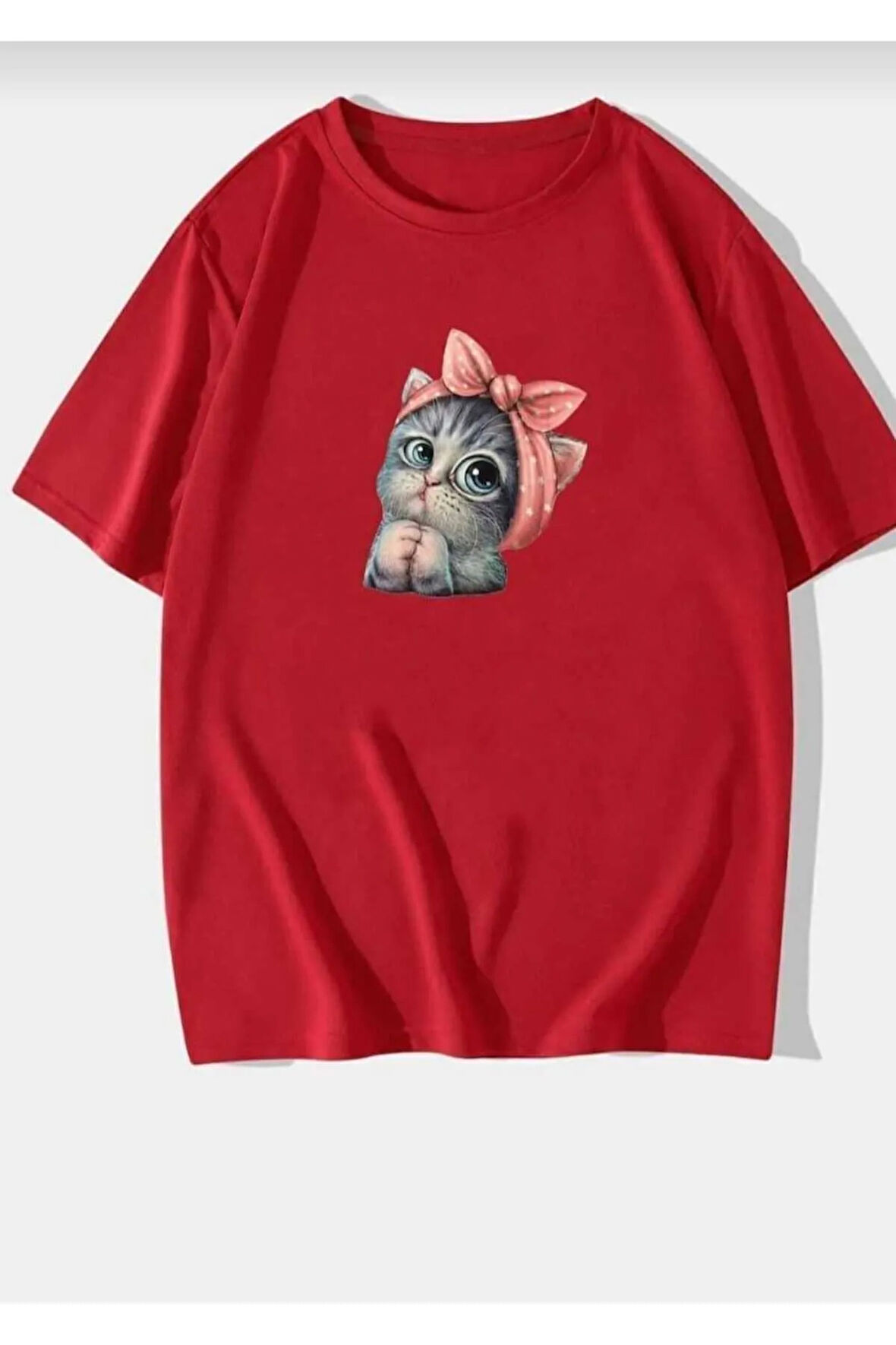 sevimli kedi baskılı oversize basic o yaka unisex t-şhirt