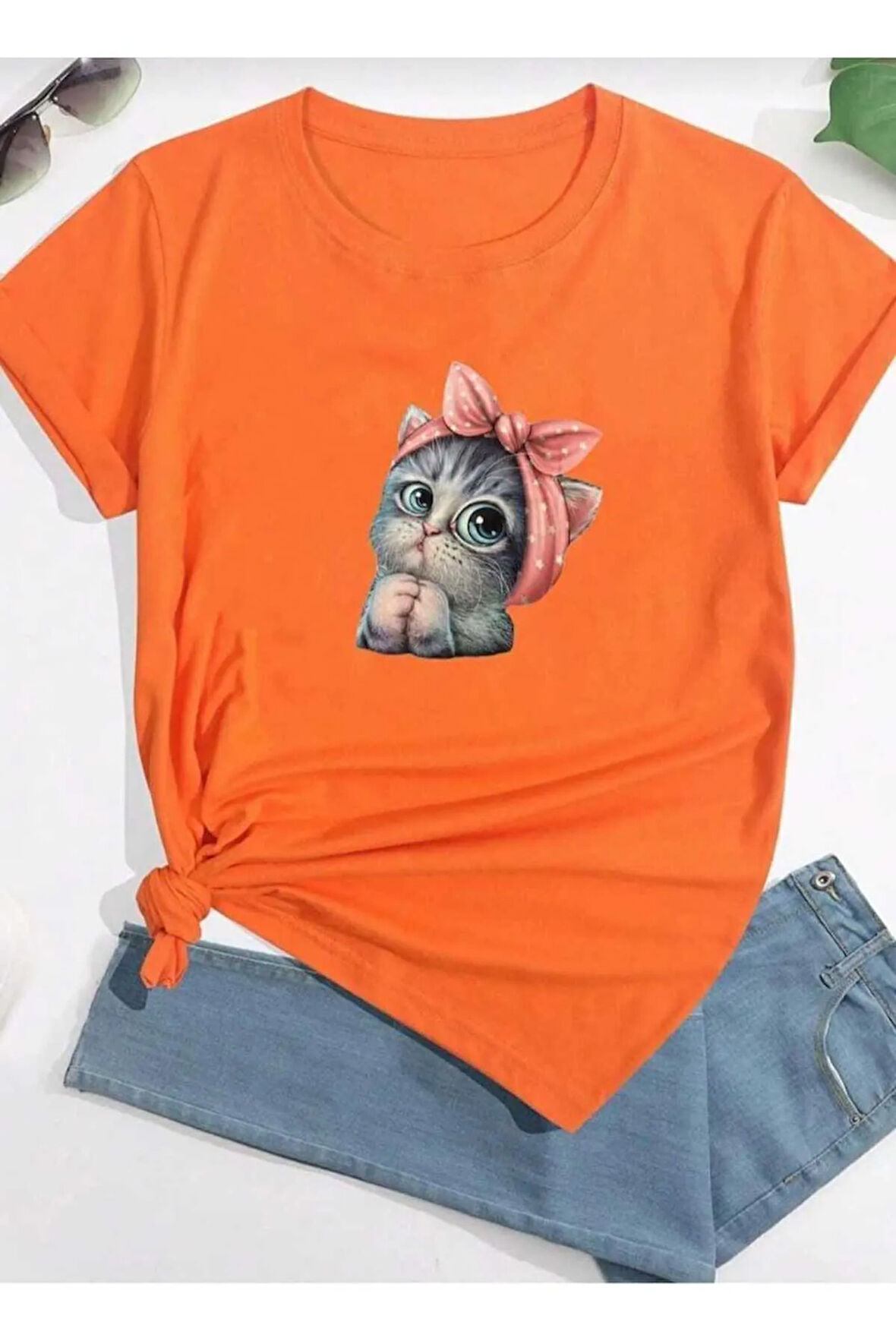 sevimli kedi baskılı oversize basic o yaka unisex t-şhirt