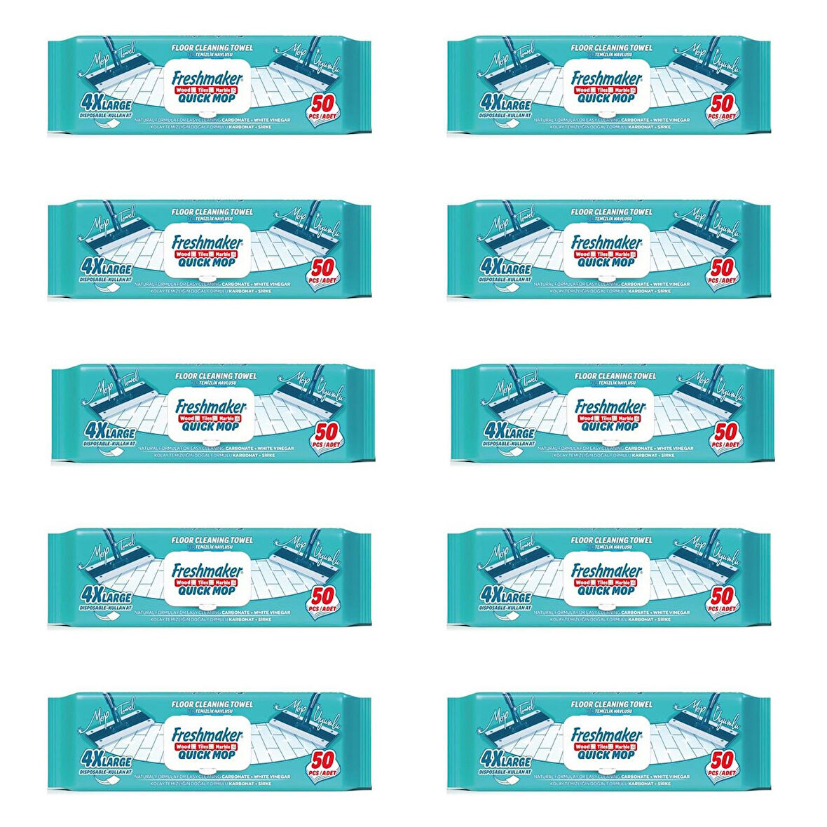 Freshmaker Karbonat ve Beyaz Sirke Katkılı Yüzey Yer Temizlik Mandallı Mop Havlusu - 50'li 10 Paket