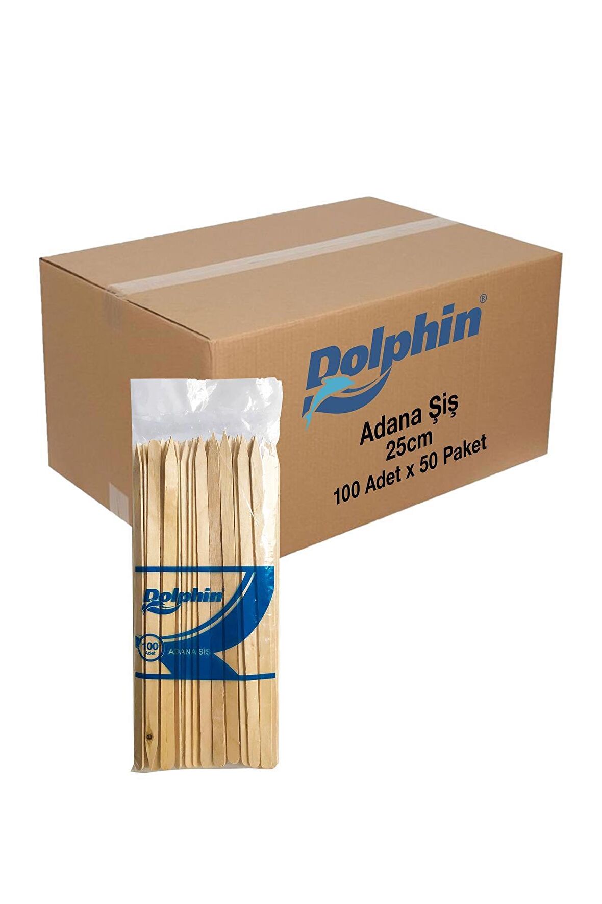 Dolphin Bambum Ahşap Adana Çöp Şiş - 24 Cm. - 100 lü 50 Paket / Koli