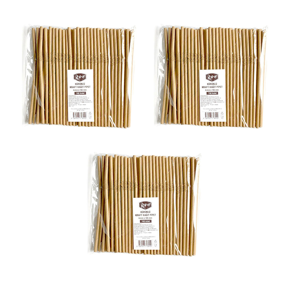 Roll-Up Doğaya Dönüş Ekolojik Doğal Körüklü Kraft Kağıt Pipet - 6 mm. - 19.5 Cm. - 100'lü 3 Paket