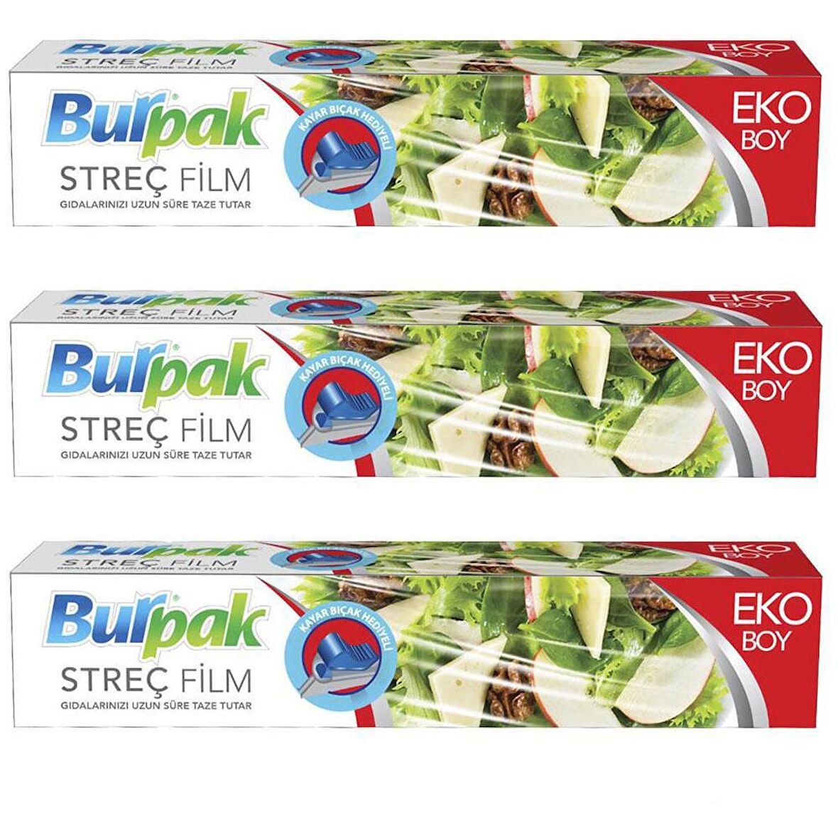 Burpak Eko Şeffaf Mutfak Rulo Streç Film Folyo - 45 Cm. x 166 Metre - 9.5 Mikron - Gıdaya Uygun - 3 Paket