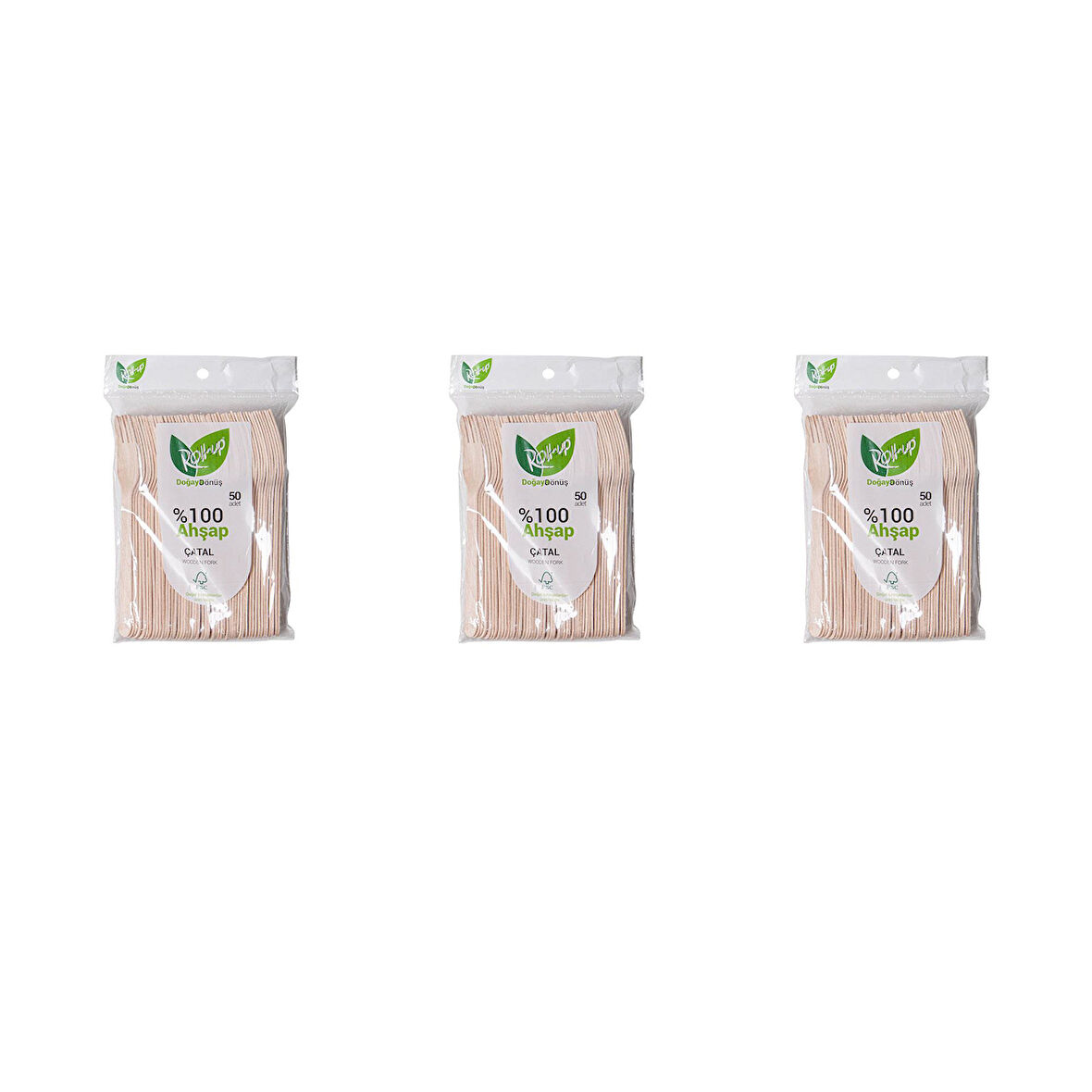 Roll-Up Doğaya Dönüş Ekolojik Doğal Doğa Dostu %100 Ahşap Çatal - 16 Cm. - 50'li 3 Paket 