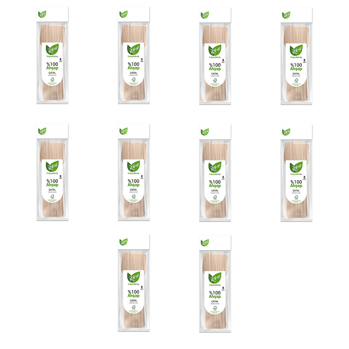 Roll-Up Doğaya Dönüş Ekolojik Doğal Doğa Dostu %100 Ahşap Çatal - 16 Cm. - 8'li 10 Paket