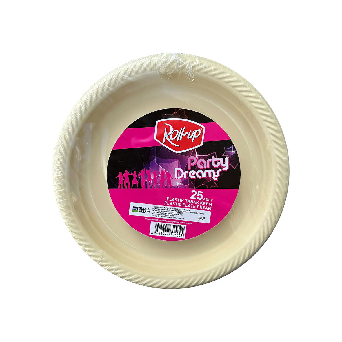 Roll-Up Kullan At Renkli Krem Renk Parti Davet Plastik Tabak - 22 Cm. - 25 Adetlik Paket