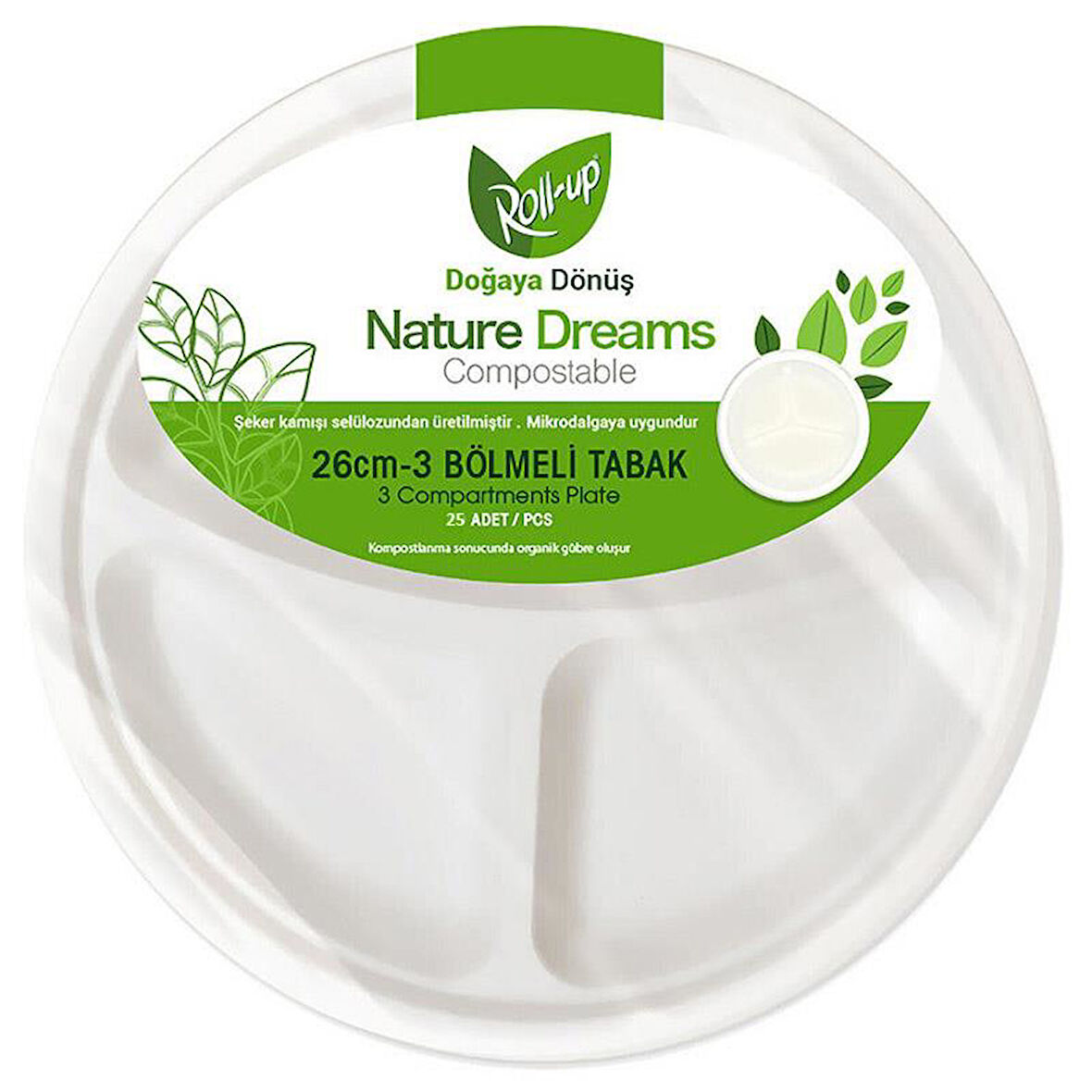 Roll-Up Nature Ekolojik Karton Kağıt Tek Kullanımlık 3 Bölmeli Tabak - 26 Cm. - 25 Adetlik 1 Paket
