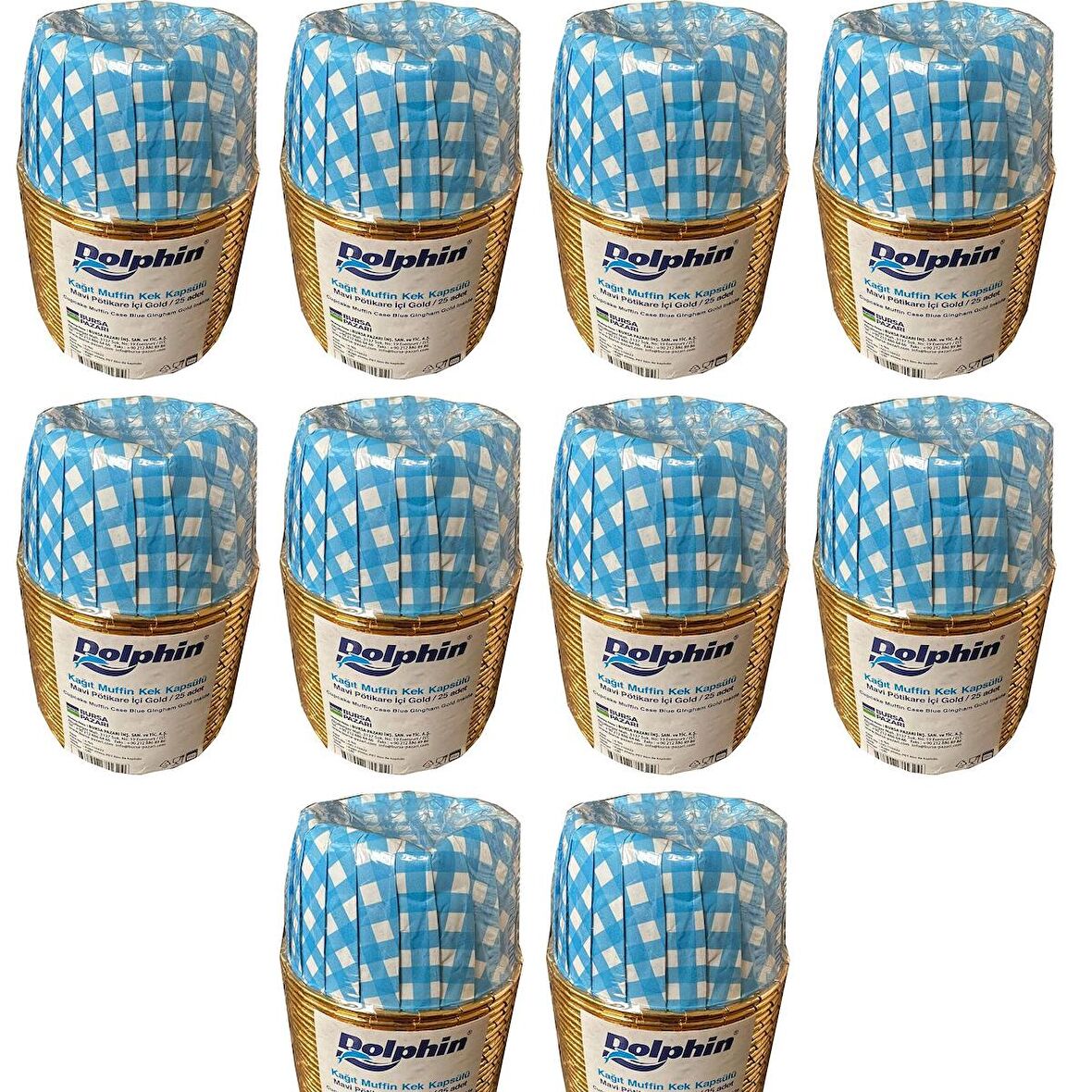 Dolphin Muffin Kağıt Karton Altın Mavi Desenli Cupcake Kek Kalıbı Kapsülü Kabı - 25 Adetlik 10 Paket