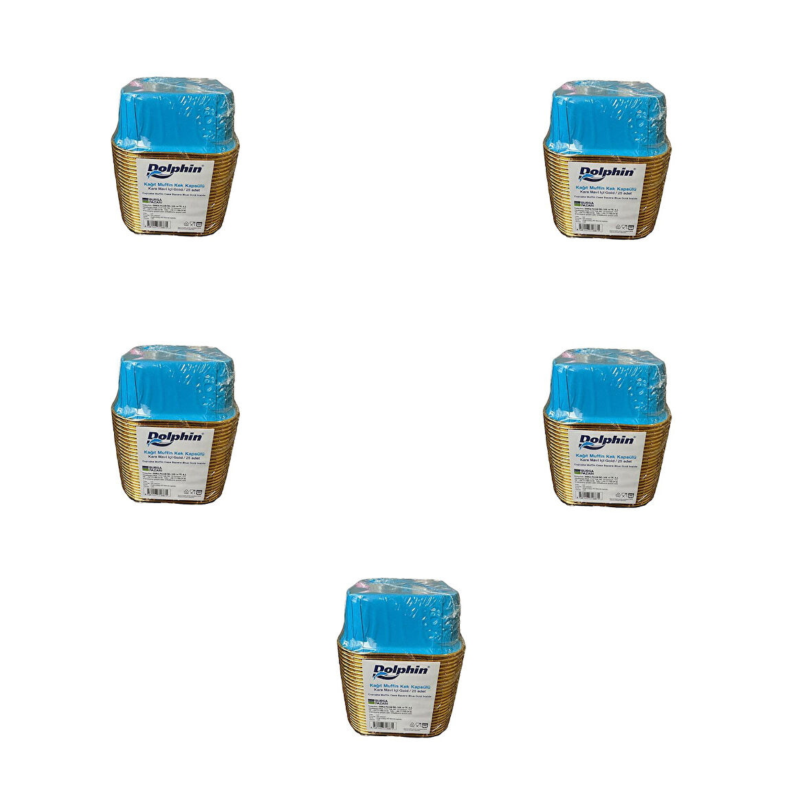 Dolphin Muffin Kare Kağıt Mavi Altın Cupcake Kek Kalıbı Kapsülü Kabı - 25 Adetlik 5 Paket