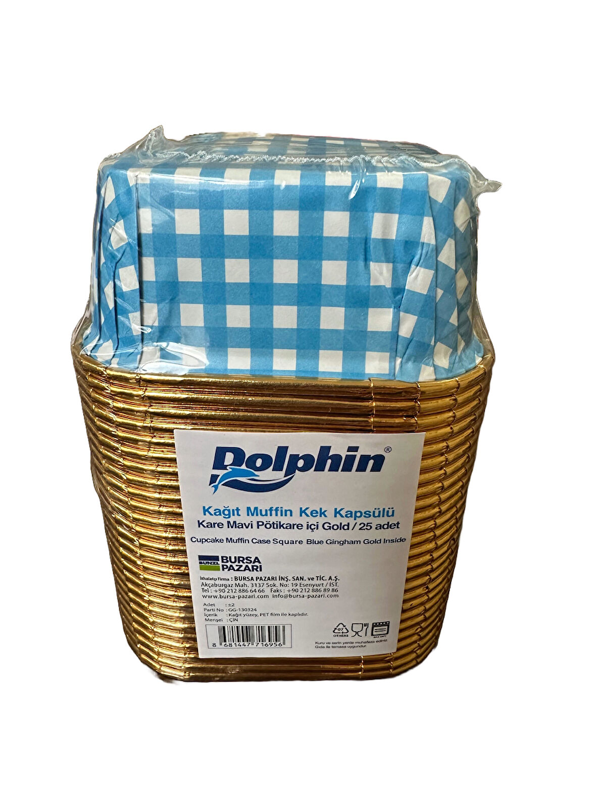 Dolphin Muffin Kare Kağıt Mavi Puantiyeli Altın Cupcake Kek Kalıbı Kapsülü Kabı - 25 Adetlik 1 Paket