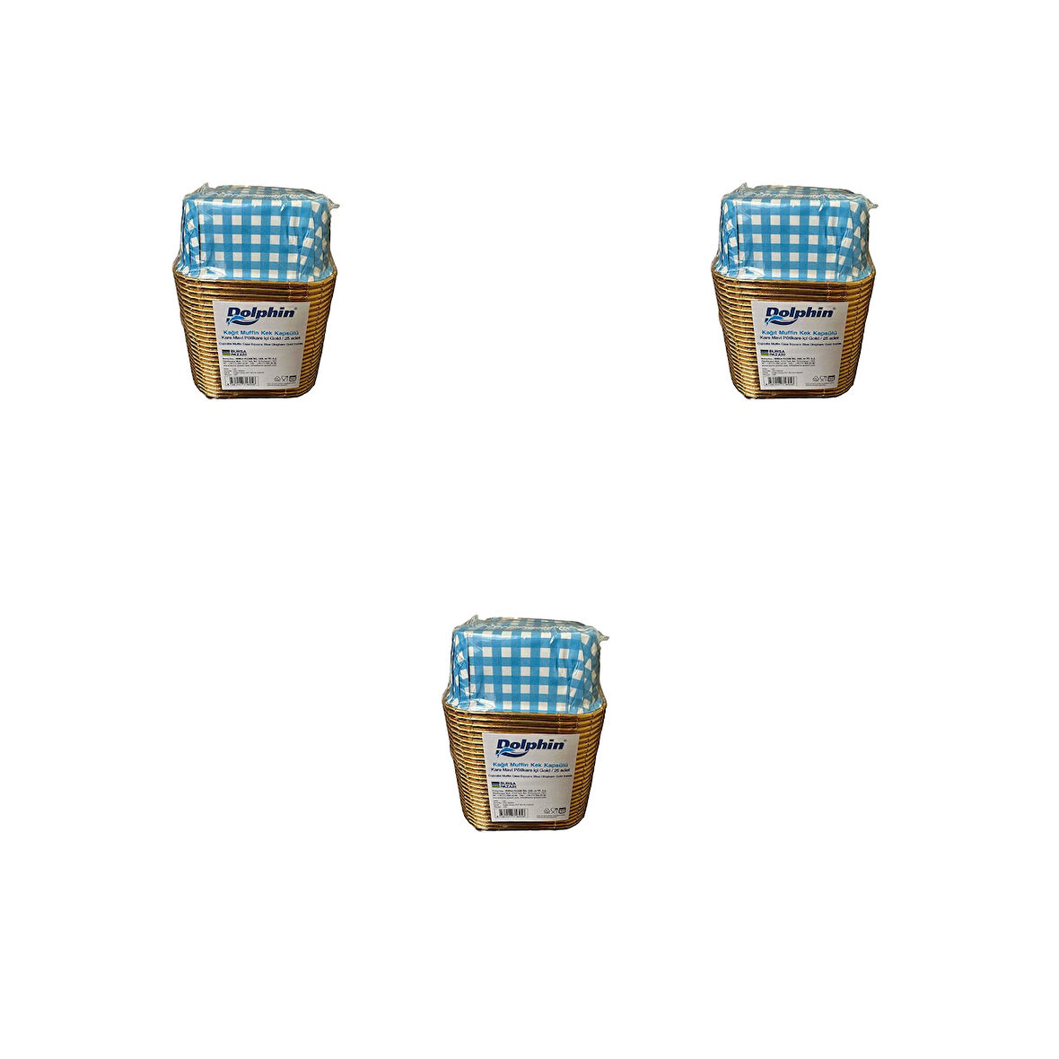 Dolphin Muffin Kare Kağıt Mavi Puantiyeli Altın Cupcake Kek Kalıbı Kapsülü Kabı - 25 Adetlik 3 Paket