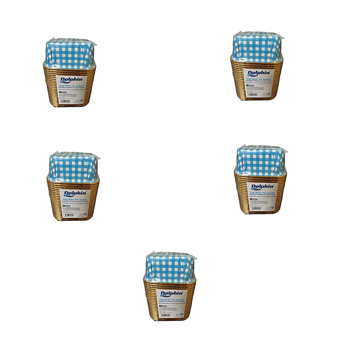 Dolphin Muffin Kare Kağıt Mavi Puantiyeli Altın Cupcake Kek Kalıbı Kapsülü Kabı - 25 Adetlik 5 Paket
