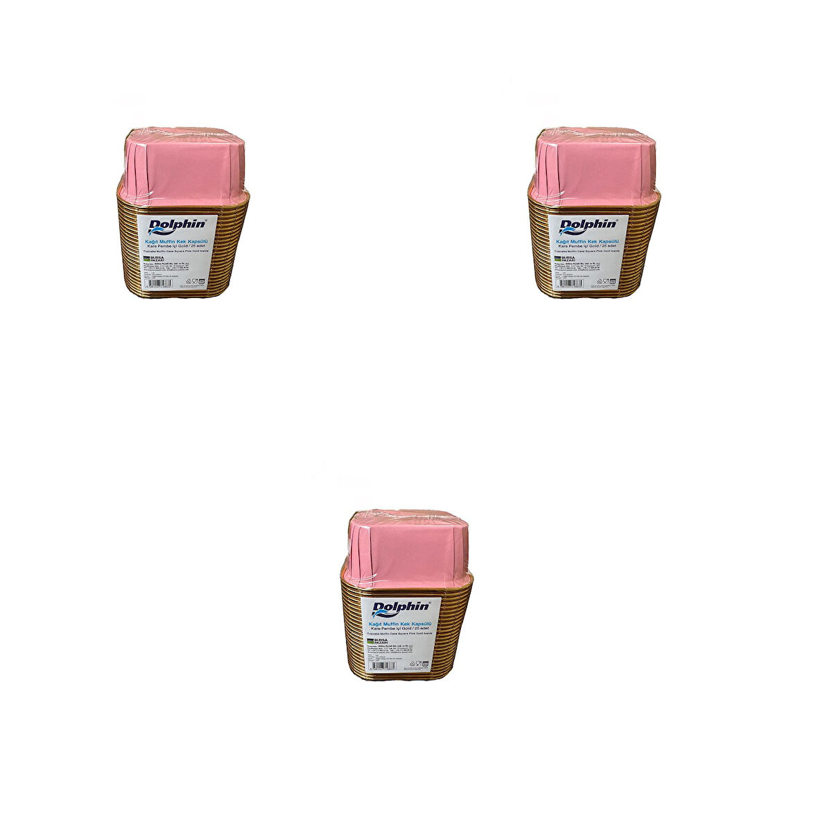 Dolphin Muffin Kare Kağıt Pembe Altın Cupcake Kek Kalıbı Kapsülü Kabı - 25 Adetlik 3 Paket