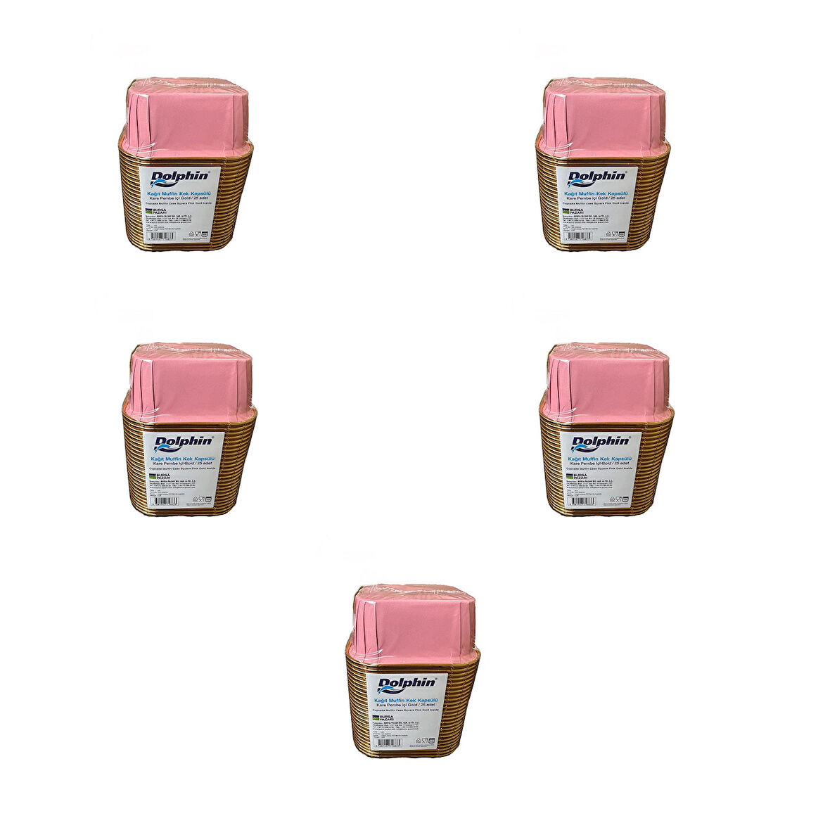 Dolphin Muffin Kare Kağıt Pembe Altın Cupcake Kek Kalıbı Kapsülü Kabı - 25 Adetlik 5 Paket