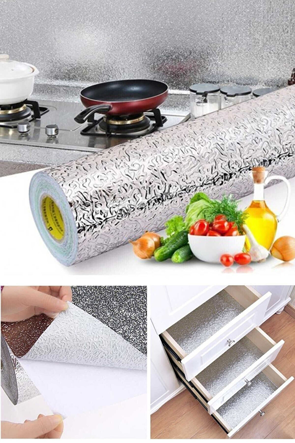 Mutfak Tezgah Üstü Çekmece Içi Folyo Kaplama Gümüş Yapışkanlı 10 Metre X 40 Cm Kolay Silinir Lüx Mod