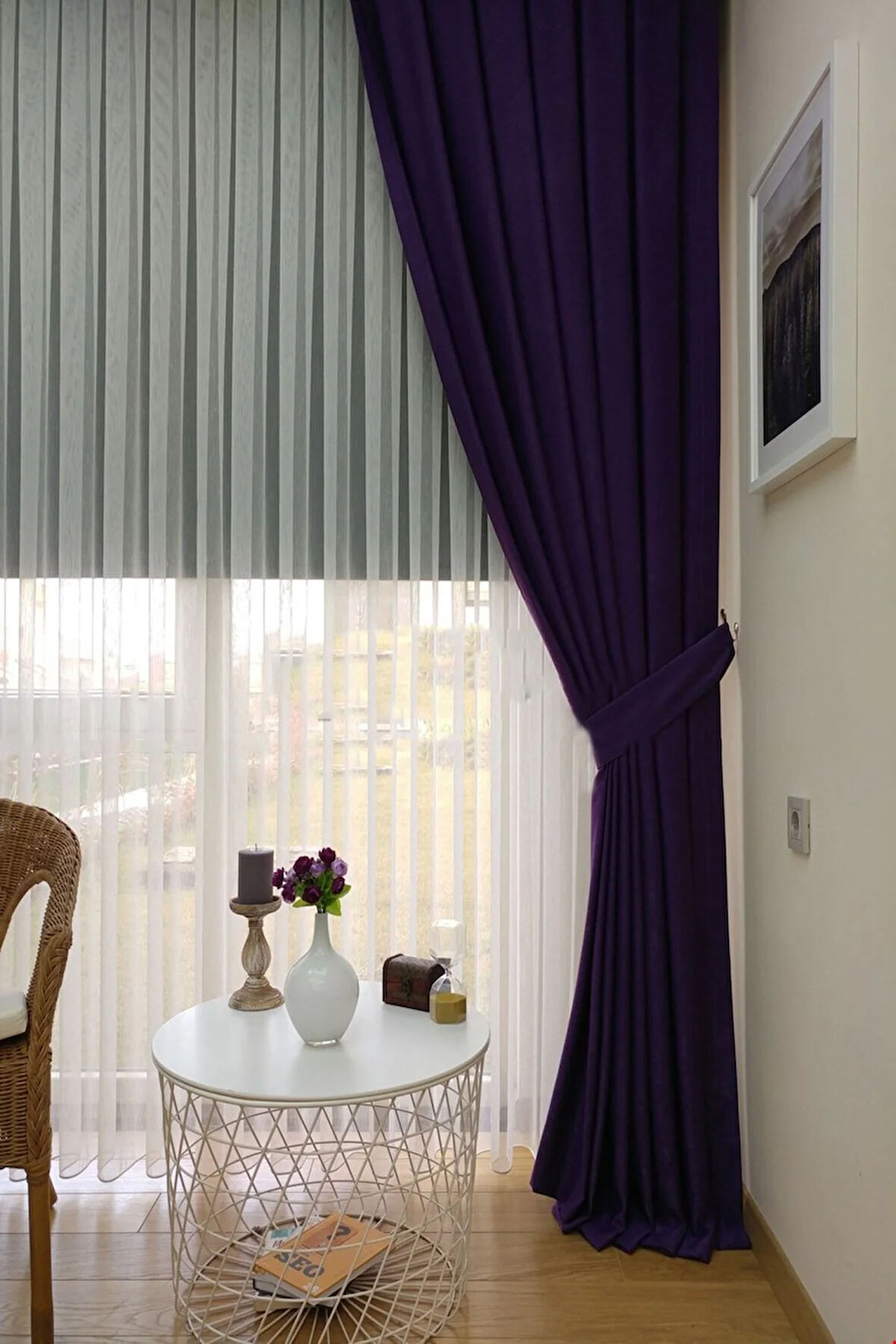 Fon Kumaş Perde Mor Renk Kadifemsi Yumuşak Soft Kanat Yan Perde 1e 3 Dökümlü Sade Şık Tasarım