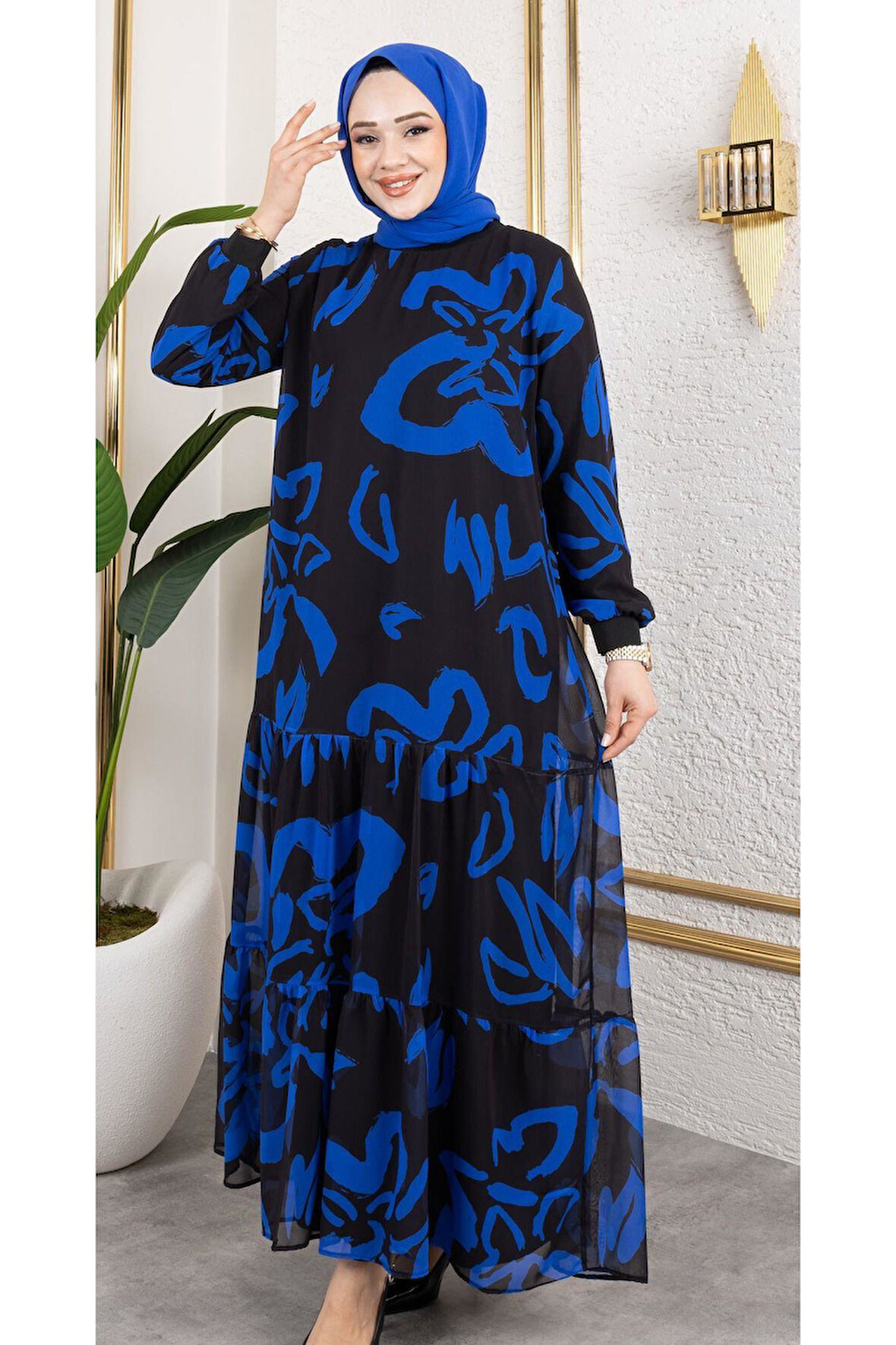 Kadın Astarlı Şifon Desenli Elbise