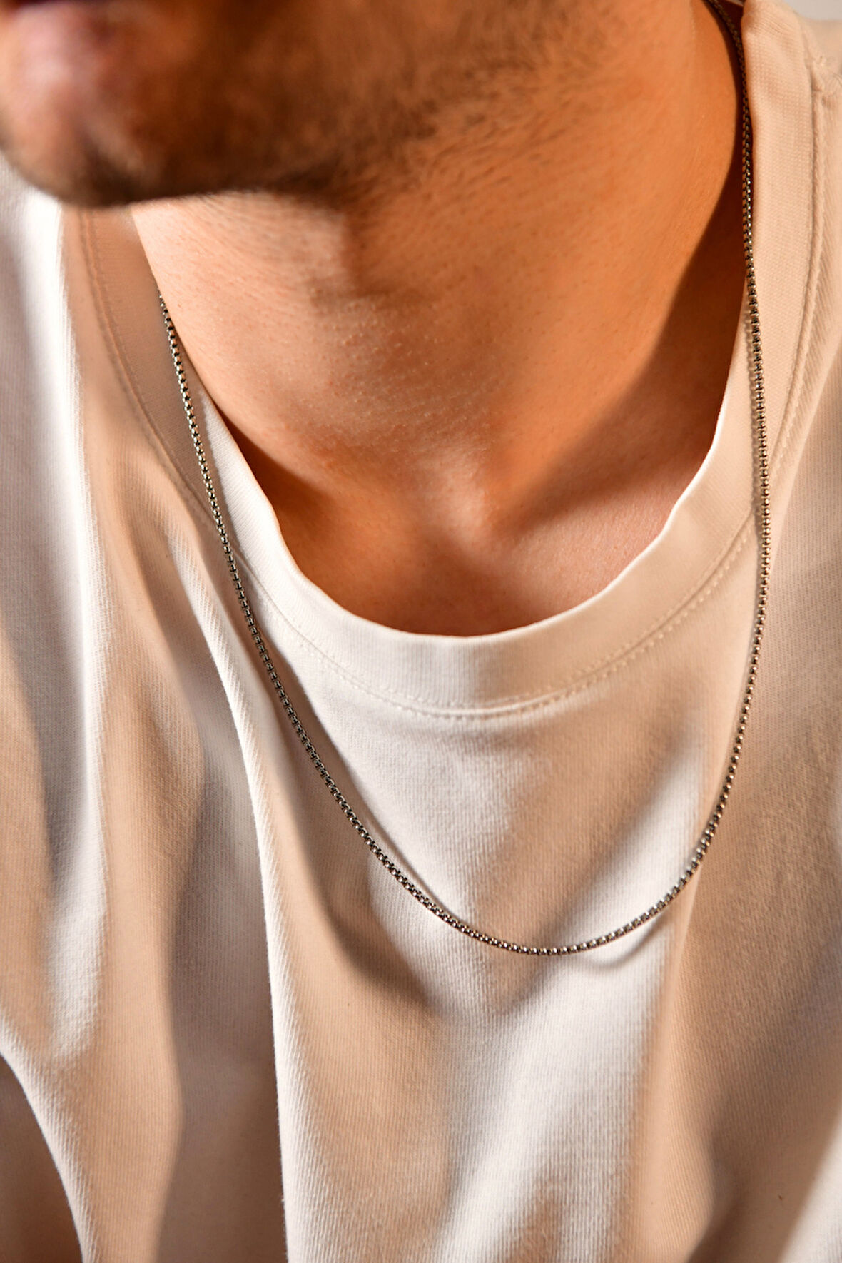 İç İçe Geçmiş İnce Dikdörtgen Baklalı Erkek Çelik Kolye 1mm