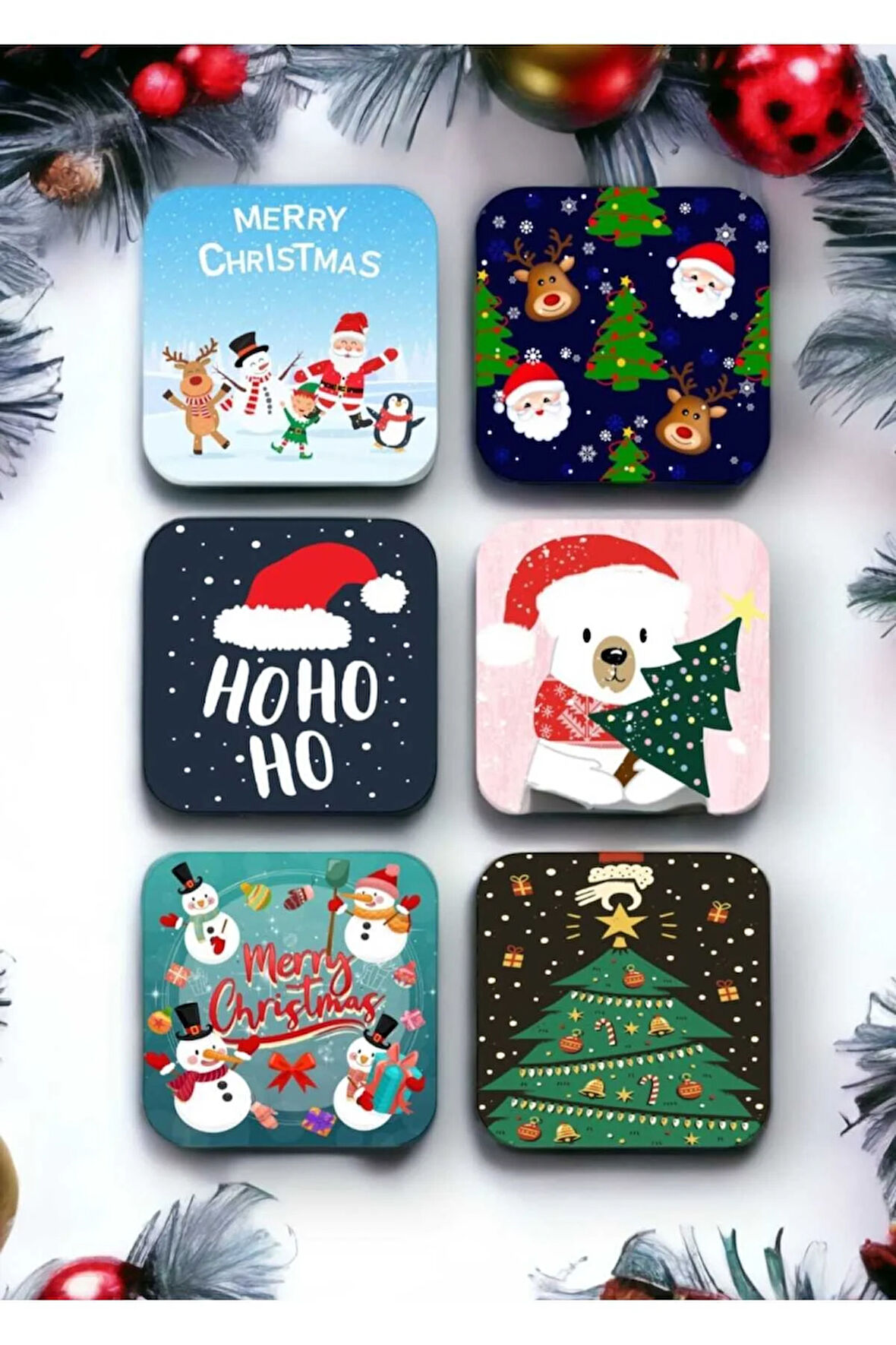 Mutlu Yıllar - Yılbaşı - Yeni Yıl - Merry Christmas Temalı Ahşap Bardak Altlığı Seti 6 Adet