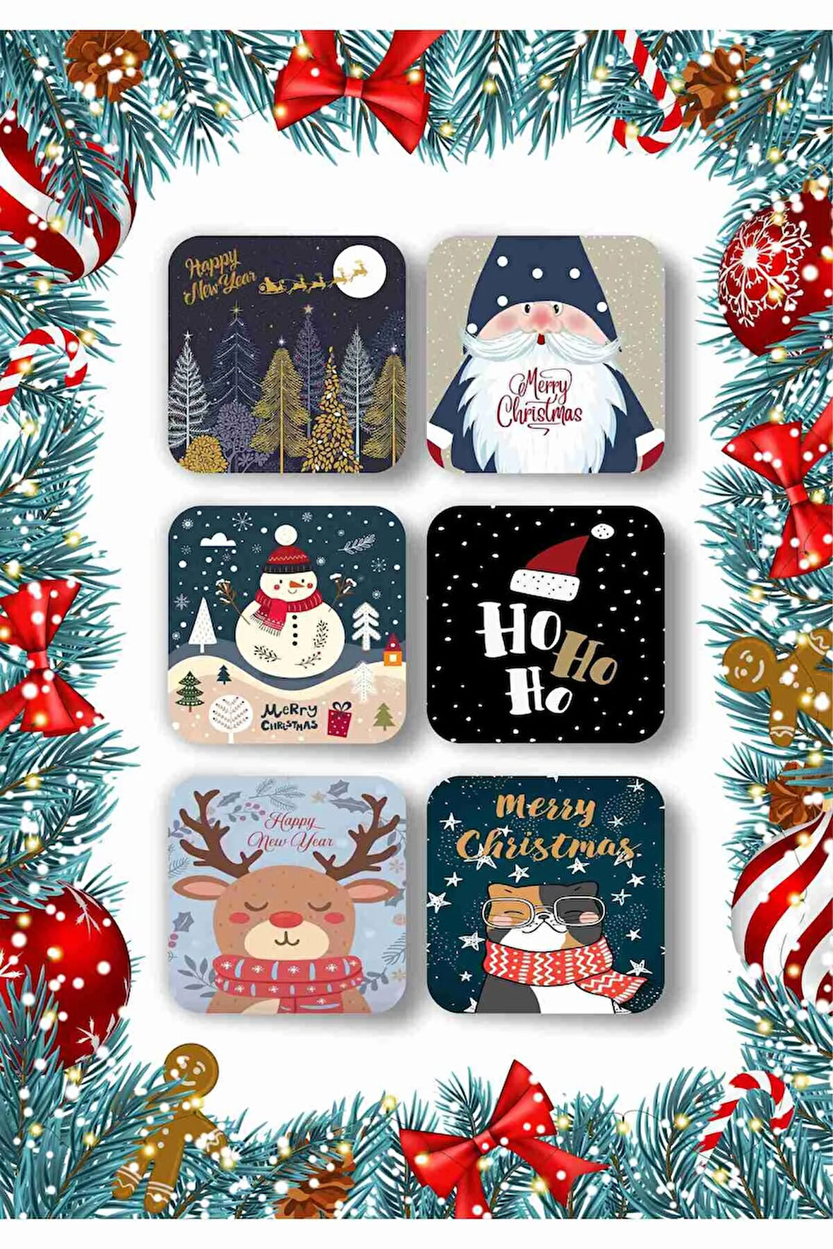 Mutlu Yıllar - Yılbaşı - Yeni Yıl - Merry Christmas Temalı Ahşap Bardak Altlığı Seti 6 Adet