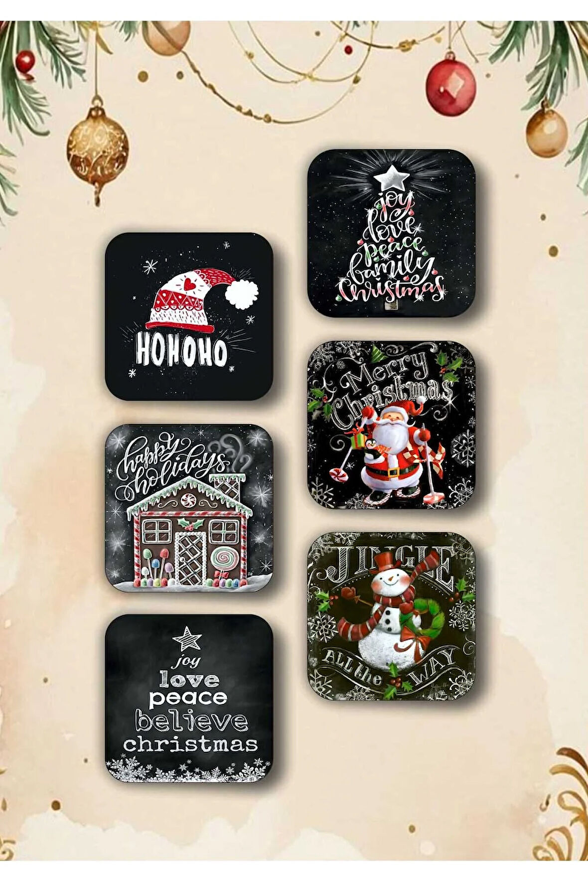 Mutlu Yıllar - Yılbaşı - Yeni Yıl - Merry Christmas Temalı Ahşap Bardak Altlığı Seti 6 Adet