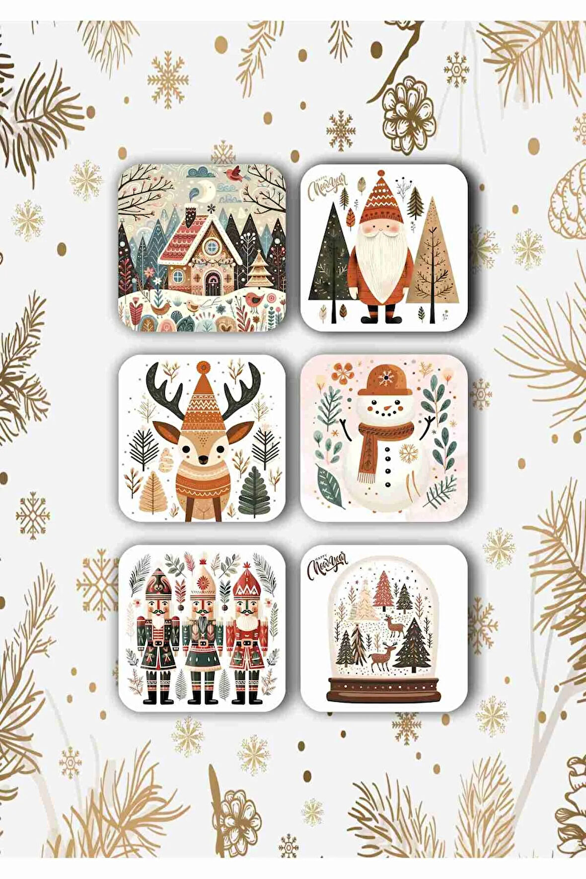 Mutlu Yıllar - Yılbaşı - Yeni Yıl - Merry Christmas Temalı Ahşap Bardak Altlığı Seti 6 Adet