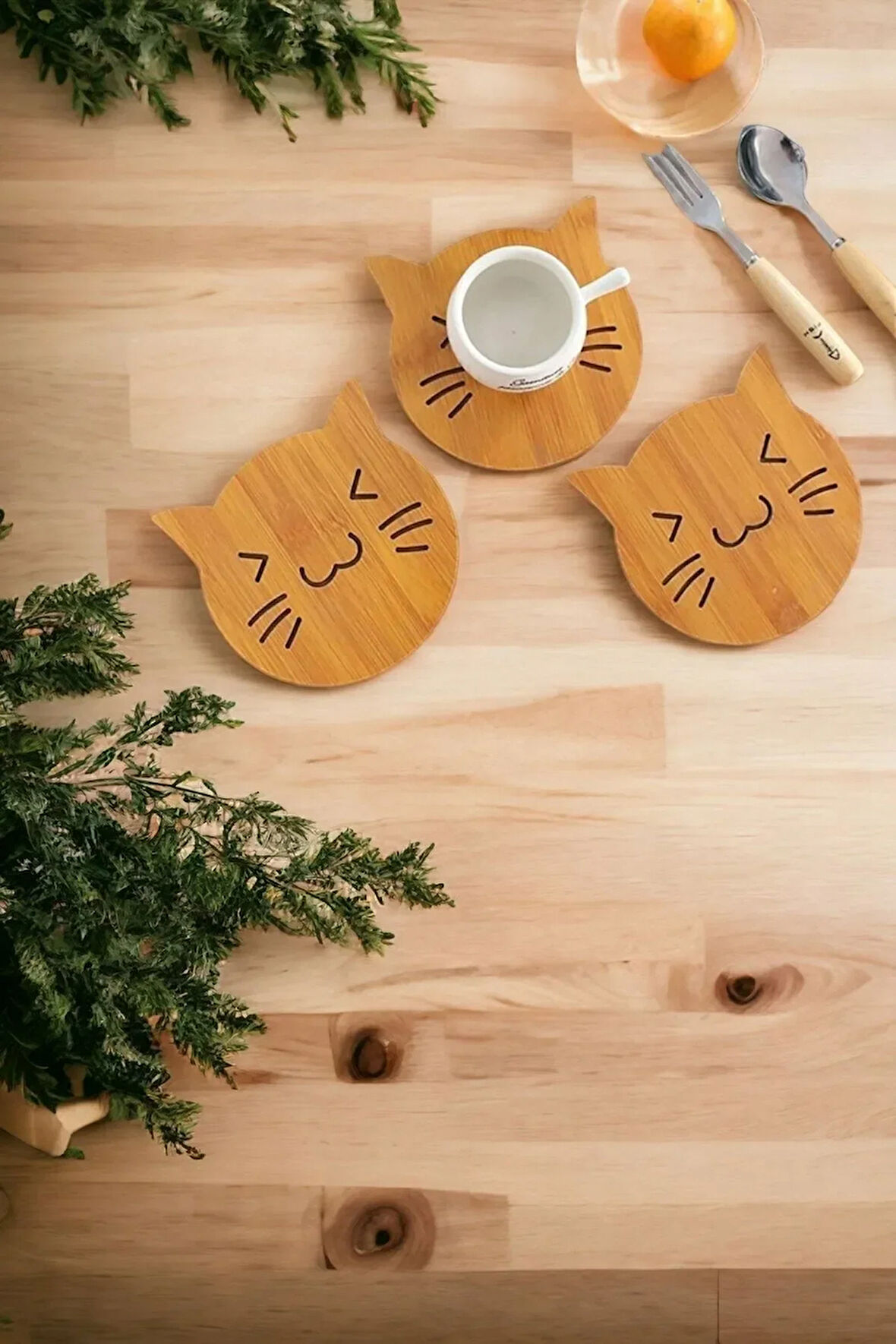 3'lü Kedi Figürlü Bardak Altlığı