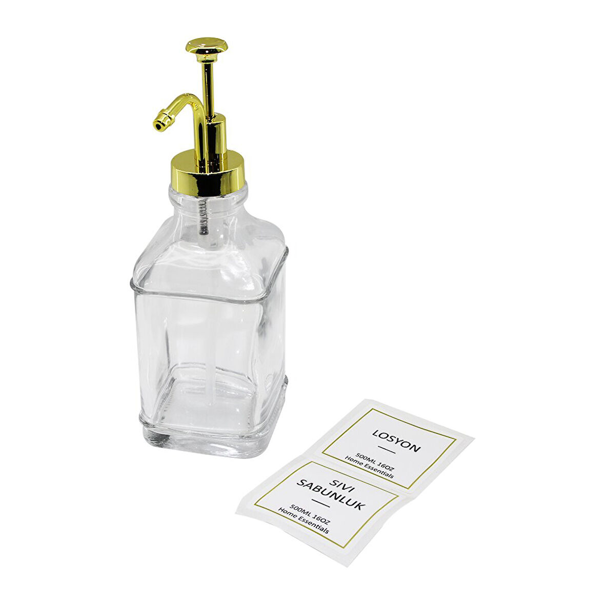 KARE   CAM ŞİŞE ŞEFFAF  DAMLATMAZ YAĞDANLIK 500ML POMPA - MUSLUK AYRIK MODEL BAŞLI (4593)