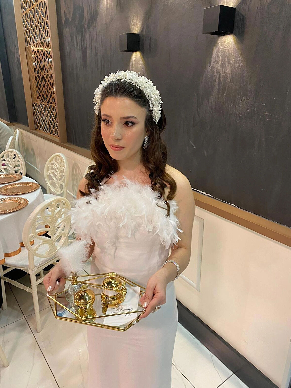 Kadın Beyaz Otriş Tüylü Straplez Gelin Abiye Nikah Elbise