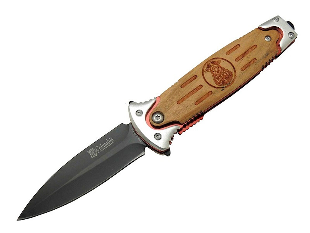 FS 11031 Kahverengi Kamp Çakı 20cm- Police İşlemeli, Ahşap Sap, Cam Kırma Aparatlı