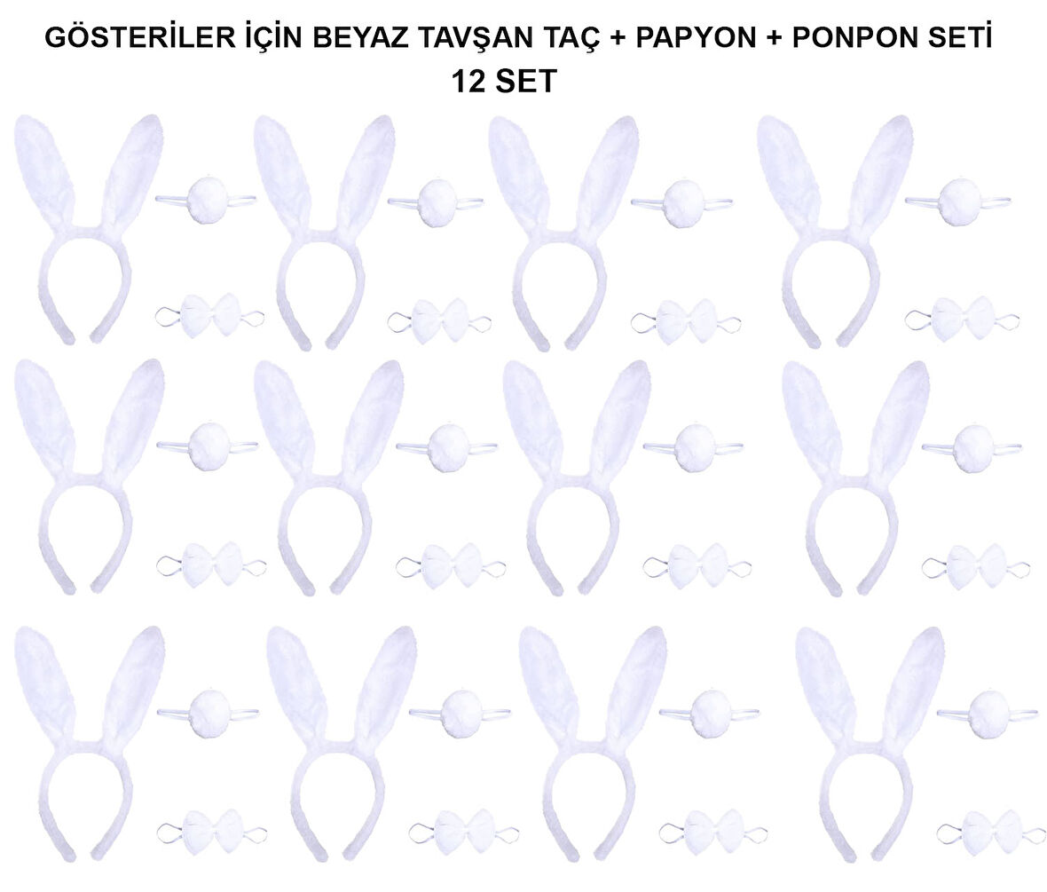 Beyaz Tavşan Kostüm Seti – Taç, Papyon, Kuyruk (12’Li Paket)