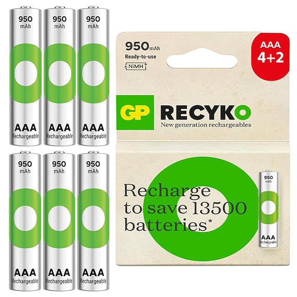 Gp Batteries Recyko 950Mah Aaa İnce Kalem 6 Adet Ni-Mh Şarjlı Pil 1.2 Volt