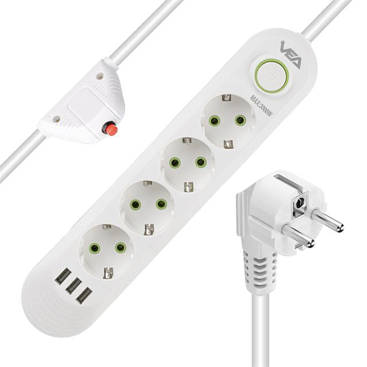 Vea Va-21560 4'Lü 3 Usb'Li 1.5 Metre Akım Korumalı Priz Beyaz